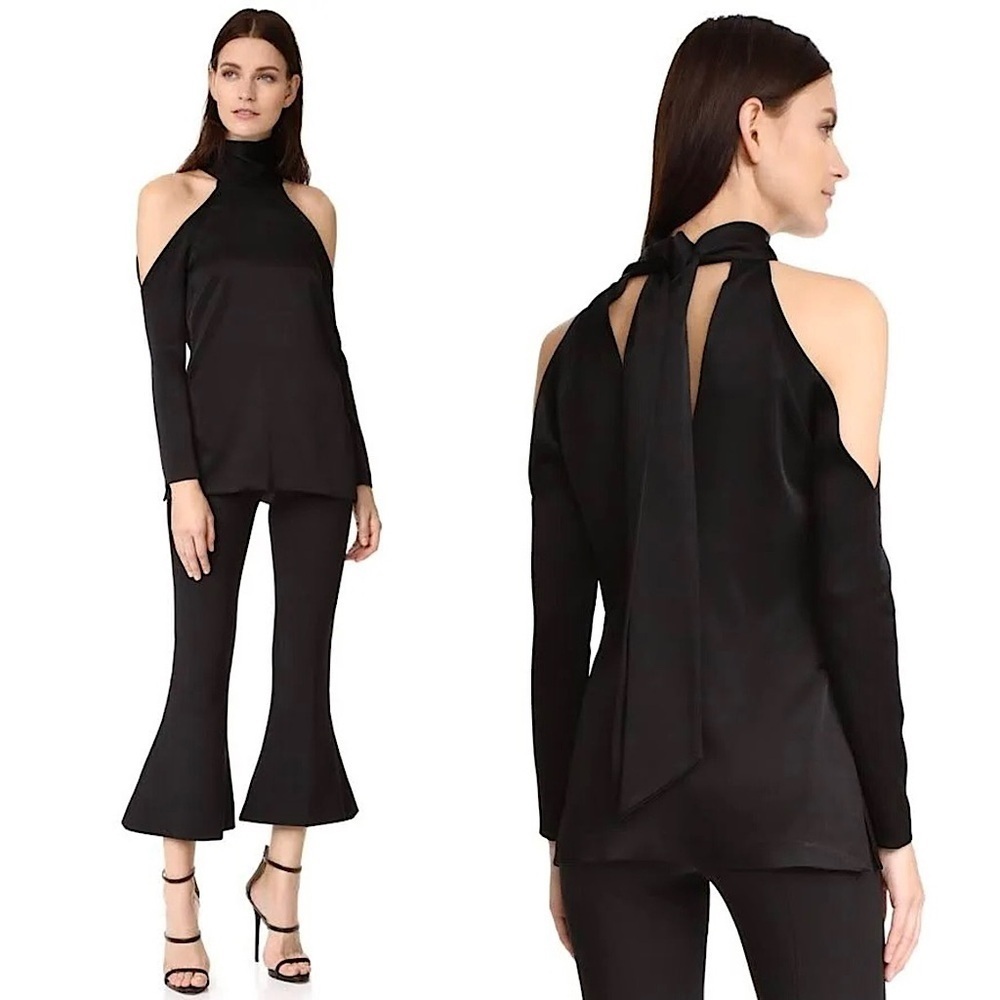 GALVAN LONDON Satin Cutout Shoulder Long Sleeve Back Tie‎ Sash Halter Neck Top 6